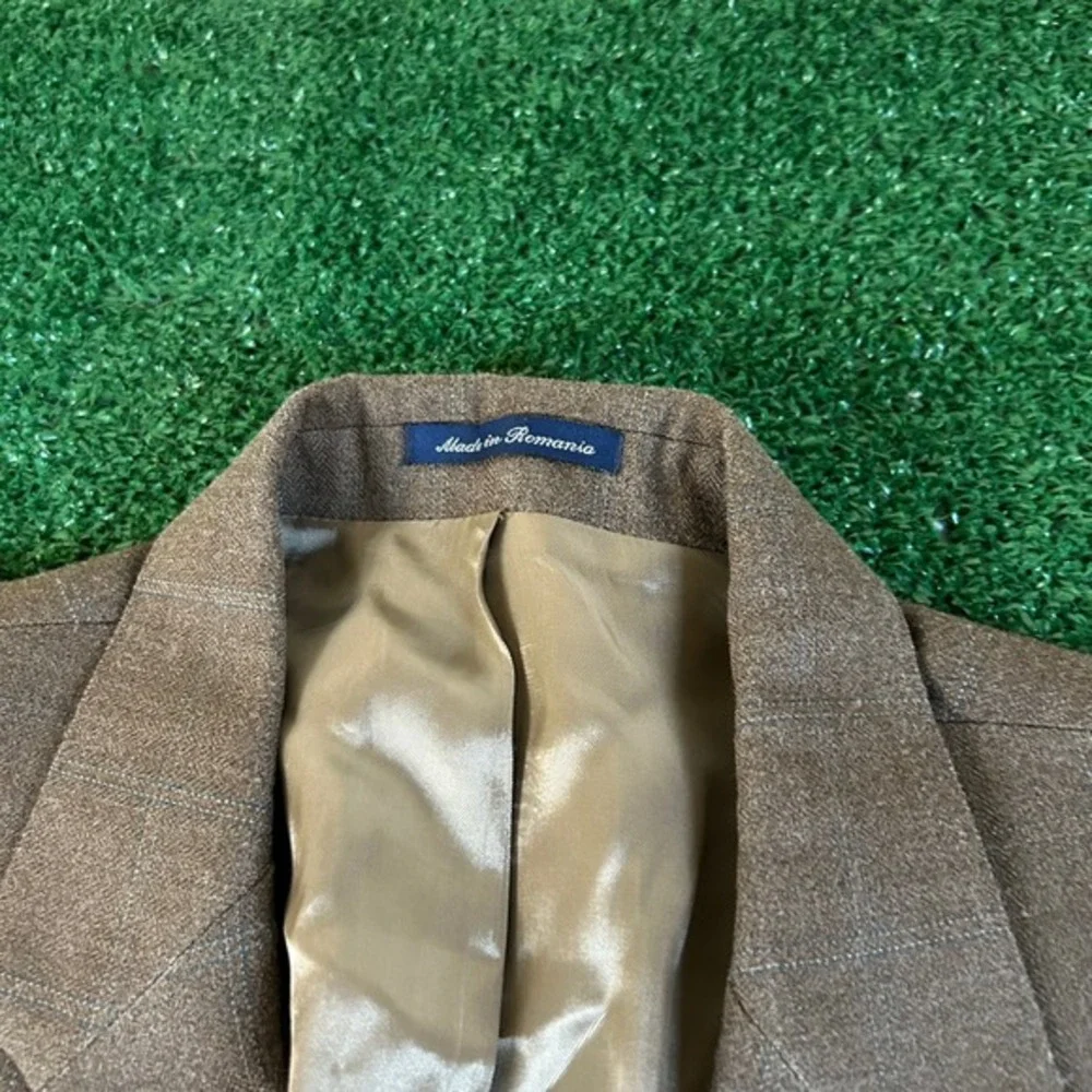 Lauren Ralph Lauren Blazer Sport Coat Jacket Suit Silk Wool Brown Plaid Mens 46L
